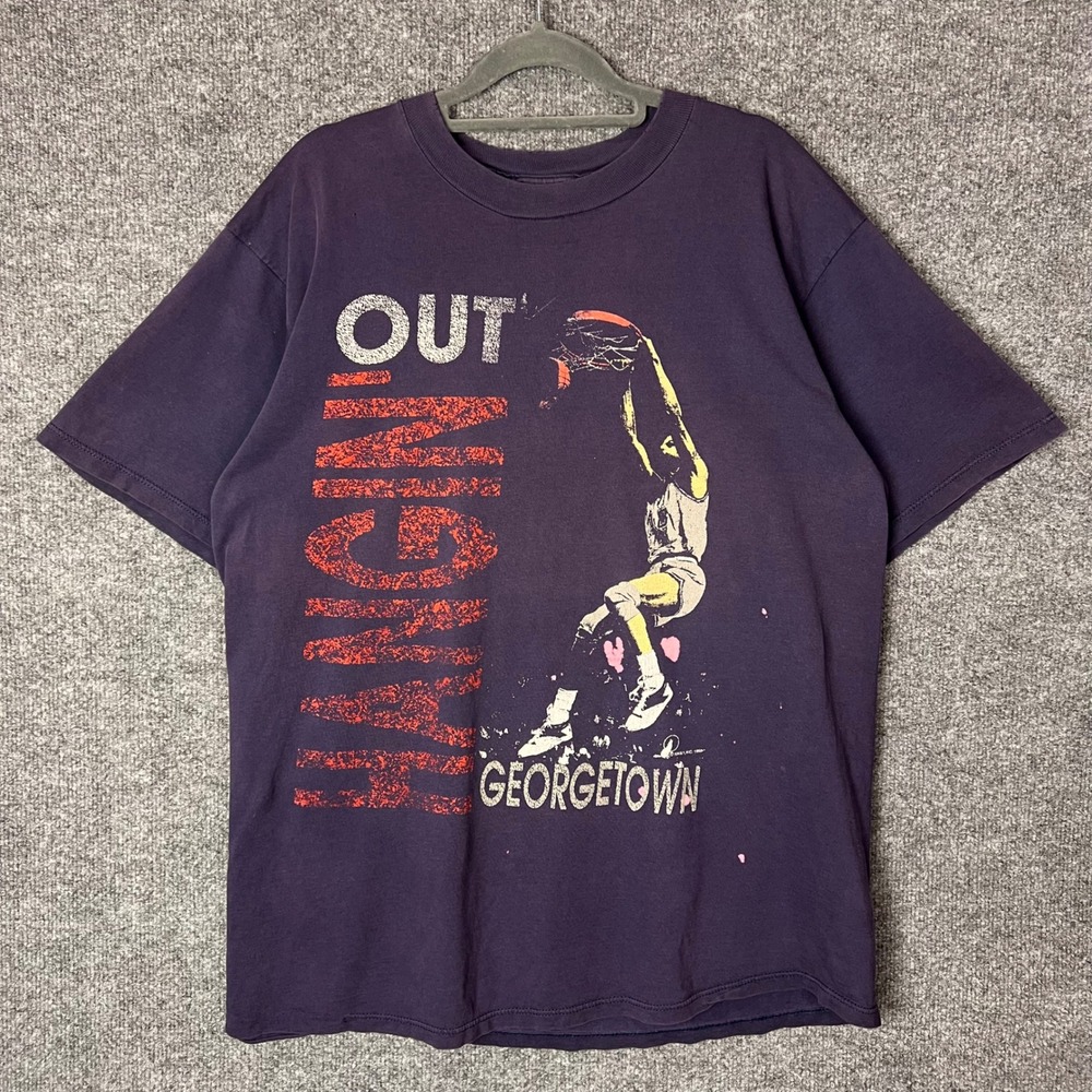 Vintage 1990 Georgetown Basketball Hangin Out T Shirt Jerzees XL Purple USA Made